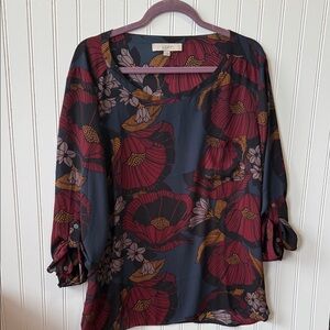 LOFT Women's Floral Blouse - Black and Red xl sheer